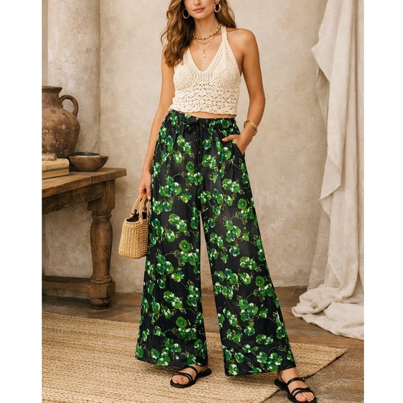 Anthropologie Pants - Anthropologie Elevenses Floral Wide Leg Satin Pants 8 Black Green Boho Chic
